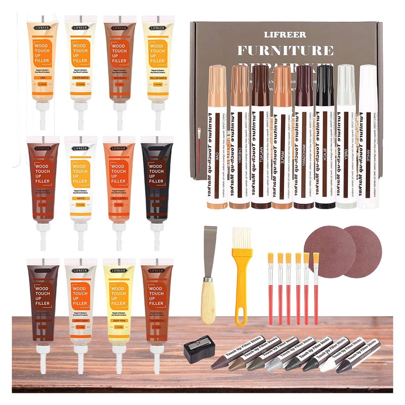 Lifreer Wood Furniture Repair Kit 40 Pcs Wood Filler Touch Up Markers with Wax Sticks for Wood Floors Stains ScratchesTables Door Carpenters Bedposts